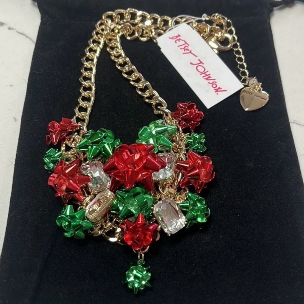 BETSEY JOHNSON SET Christmas Holiday Bows Necklace & Matching Earrings NEW NWT - Picture 7 of 11